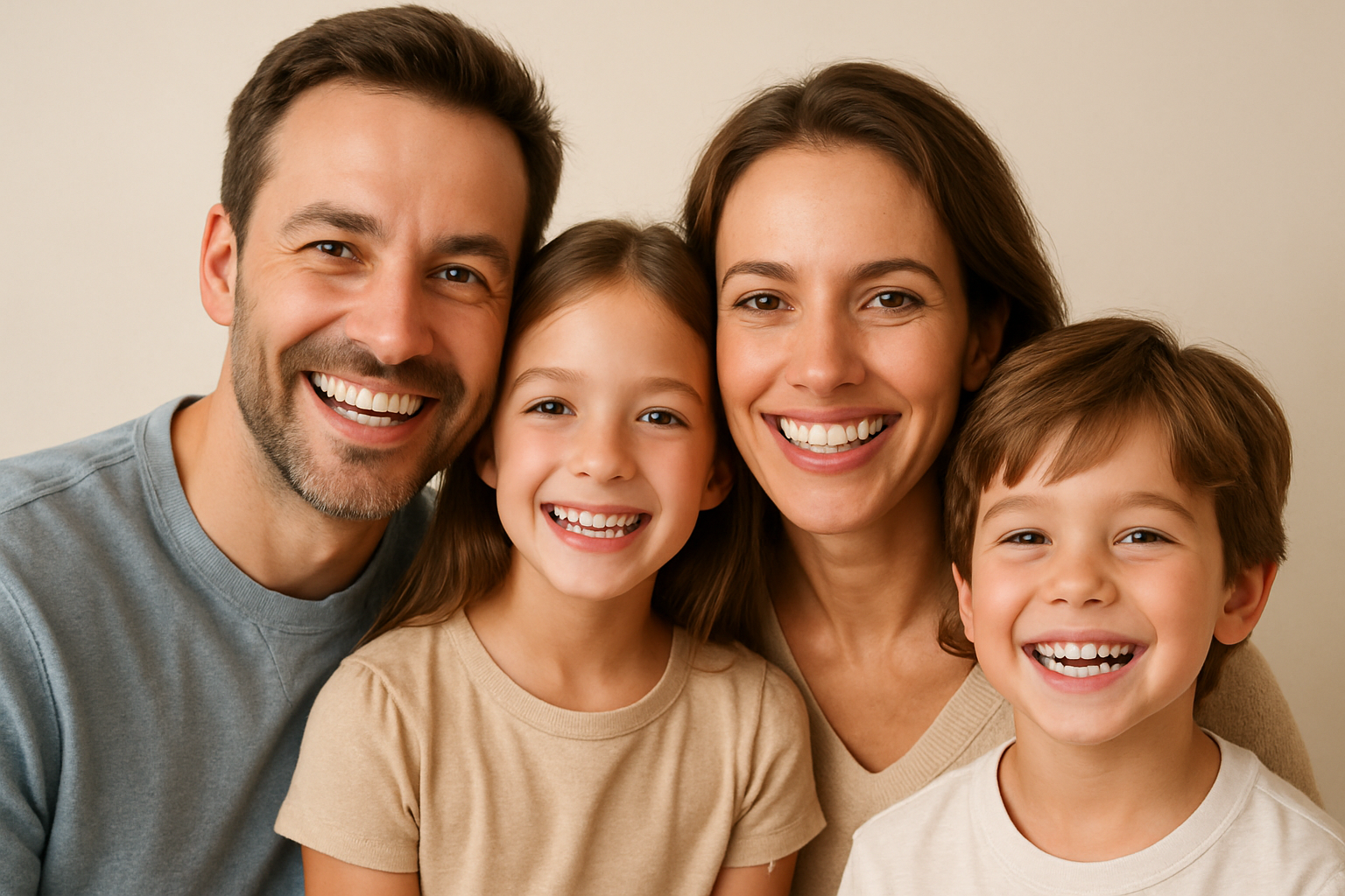 family smiling with perfect teeth